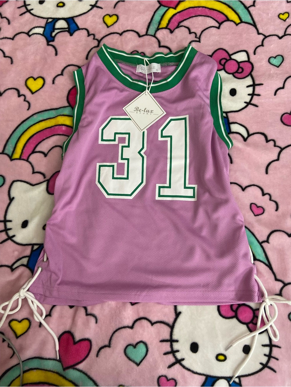 Lavender Sleeveless Basketball Jersey Tank Top with Green Trim - 31